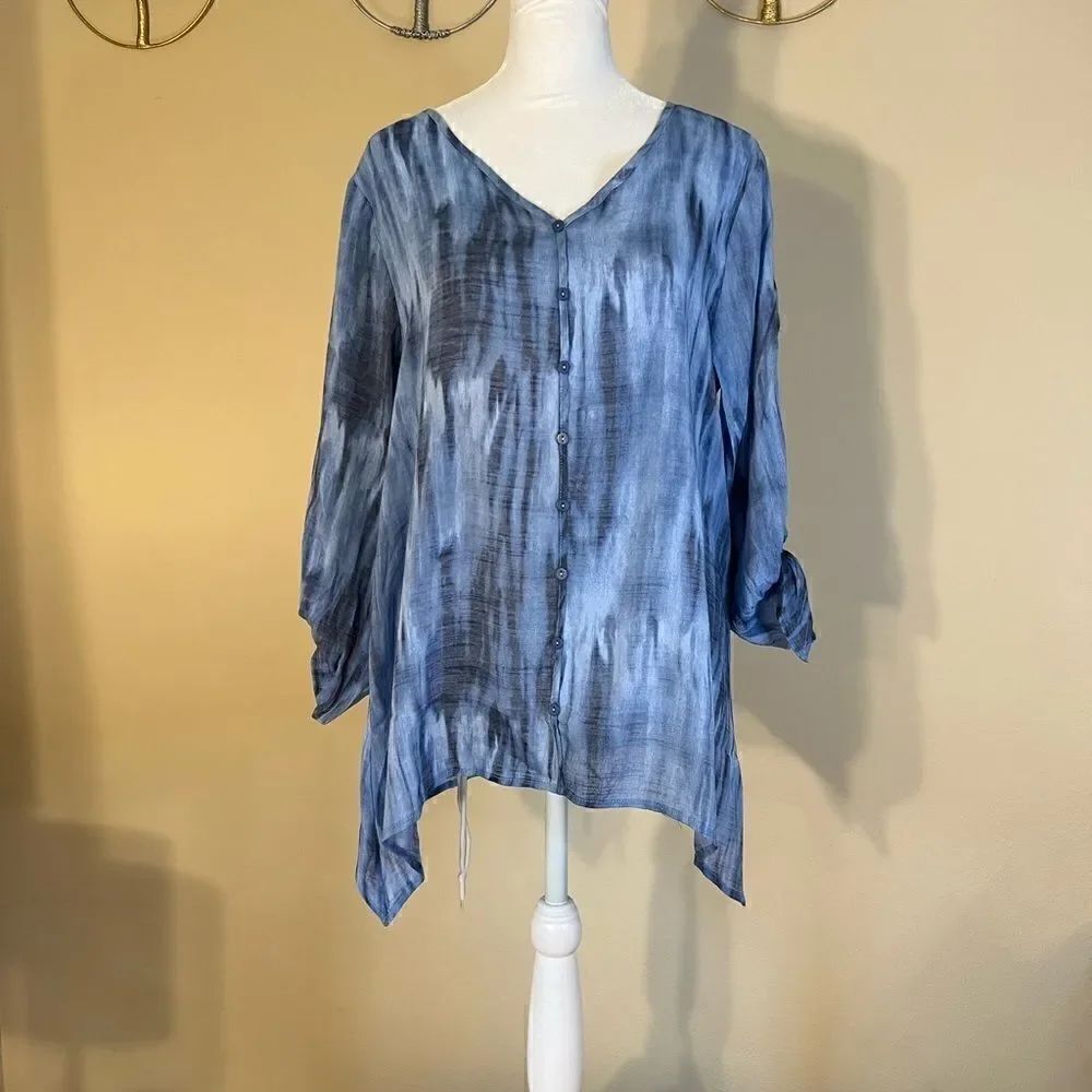 Zac & Rachel Blue Dark Gray Semi Sheer Half Sleeve Sharkbite Blouse Medium